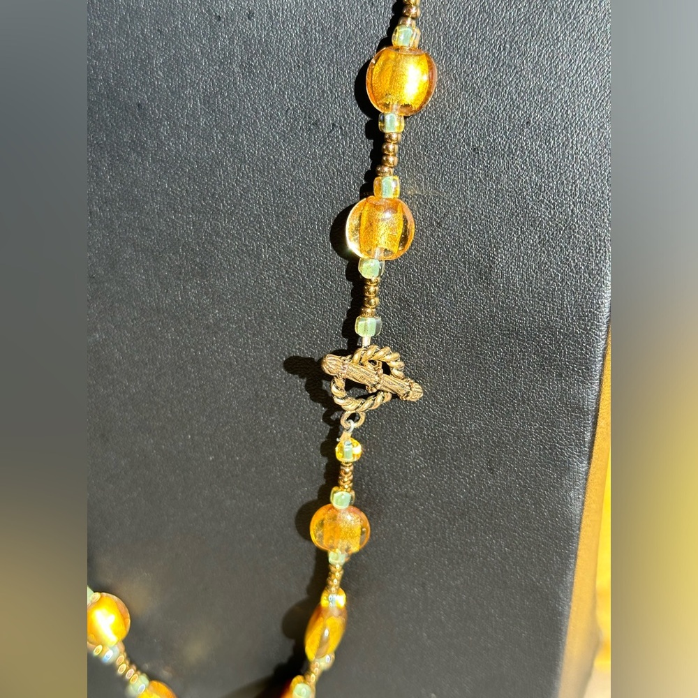 Venetian Murano Gold Glass Foil Beads with Agates Necklace  24" - Picture 6 of 8
